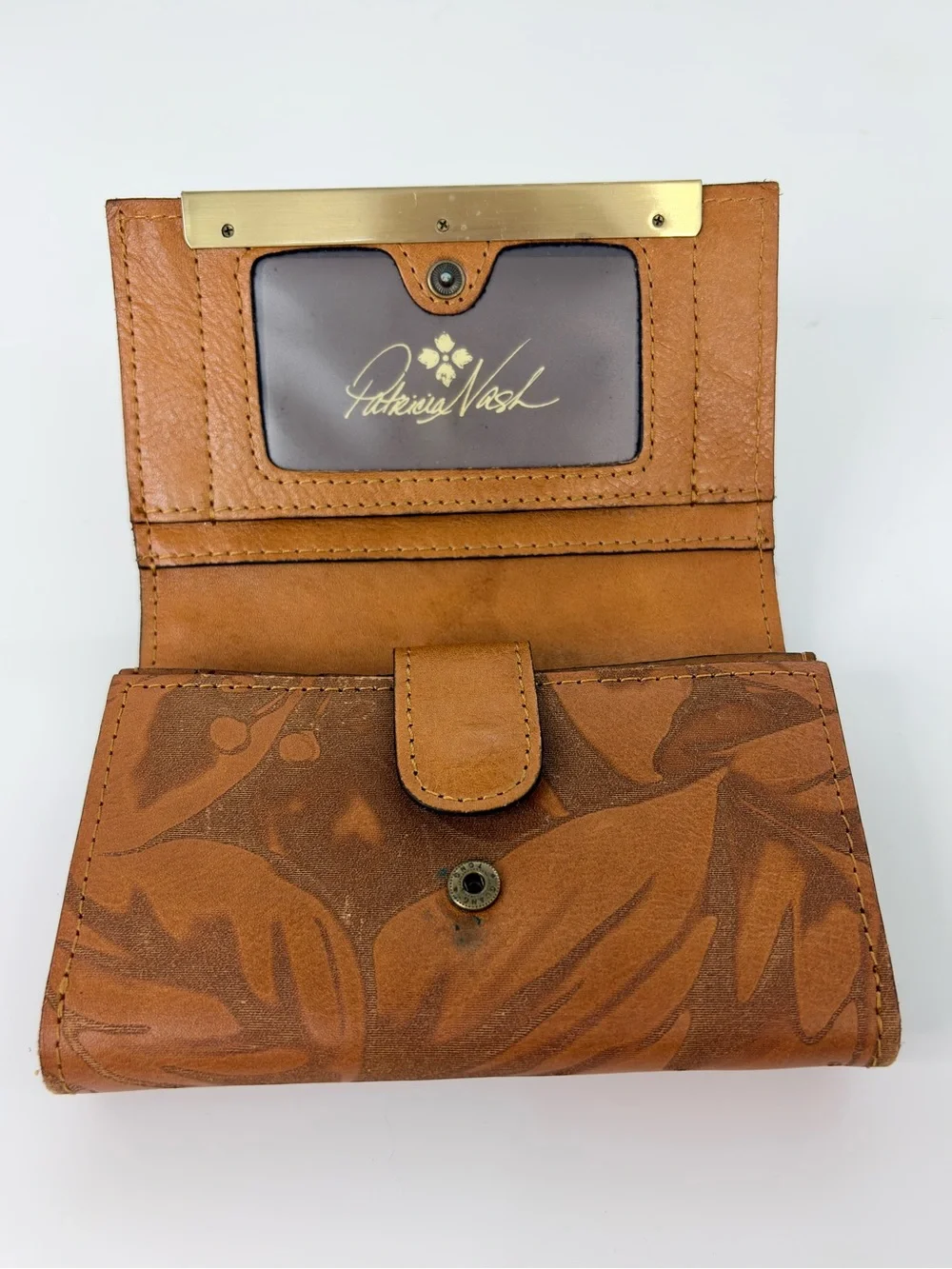 PATRICIA NASH CAMETTI Leather Trifold Wallet Clutch brown tan tooled embossed
